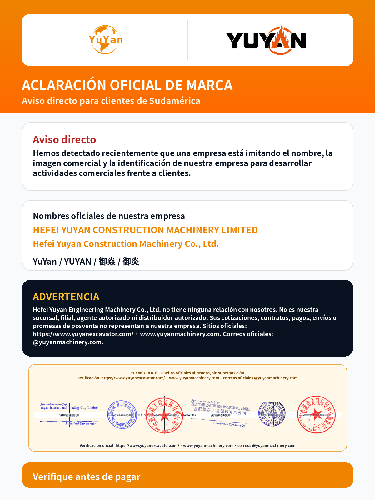 Aviso oficial de YuYan Group / Grupo 御焱 para clientes de Sudamérica